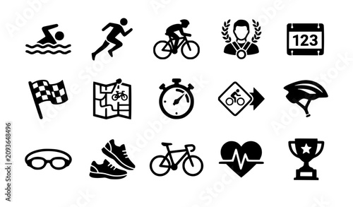 Quadro su tela Minimalist Black Triathlon Sports Icons Set with Swimming Running Cycling and Ra