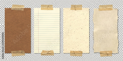 Fotografía Set of four different textured paper sheets attached with brown adhesive tape fo