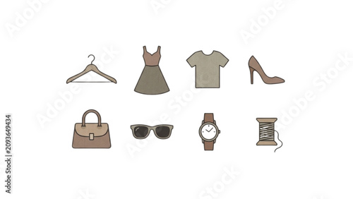 Fashion Icon Set with Clothing and Apparel Symbols