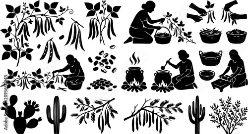 Foto Tribal Cooking and Berry Gathering Silhouette Set – Indigenous Woman, Foraging,