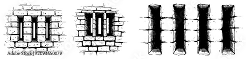 Canvastavla Prison Cell Windows with Iron Bars in Stone Brick Wall, Vintage Jail Engraving I