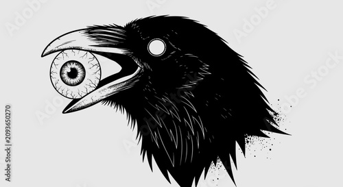 Tableau sur toile Black and white illustration of a bird's head with an eye in its beak