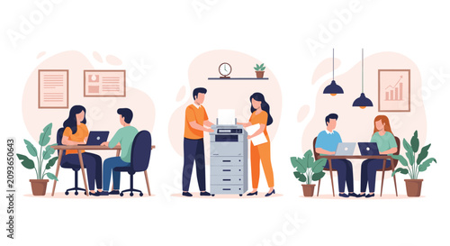 Professional colleagues working on laptops, printing documents, and collaborating in a modern office environment.