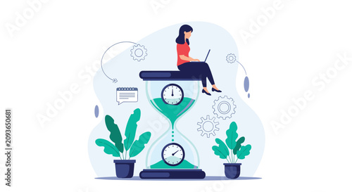 Young businesswoman manages her schedule efficiently while sitting on top of a giant hourglass with a laptop.