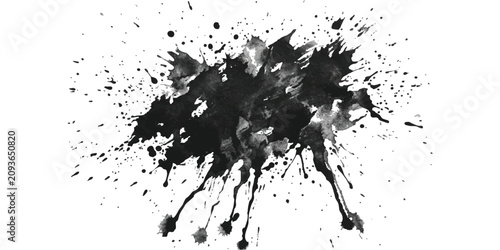 Bild auf Leinwand Black ink splatter shape with artistic paint droplets and messy liquid splashes