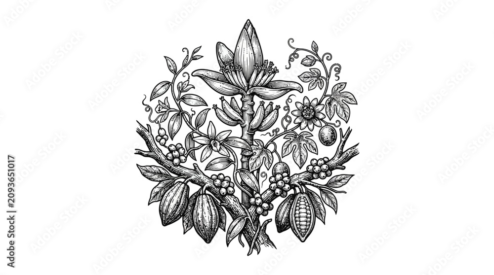 Fototapeta premium Detailed vintage style botanical illustration featuring cacao pods and banana plant elements in black and white.