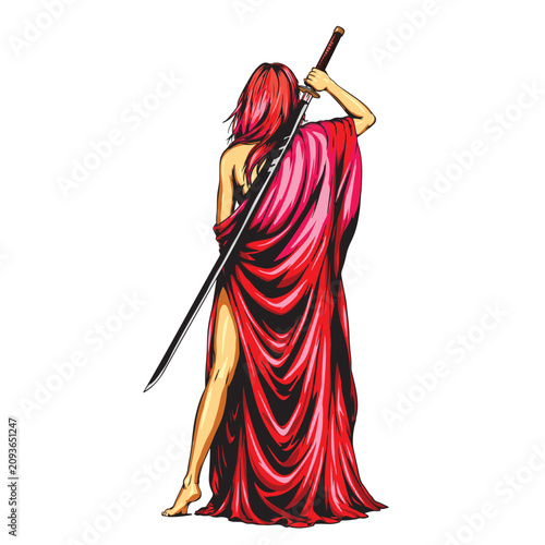 Back View of Elegant Woman with Katana Sword