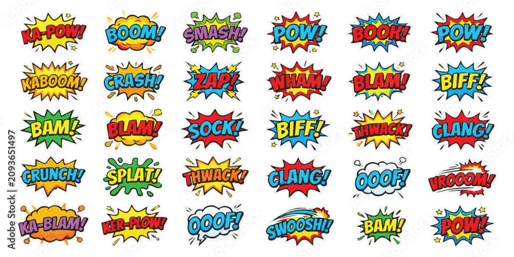 Fototapeta premium Set of colorful comic book speech bubbles with funny sound effects and action words for pop art illustration