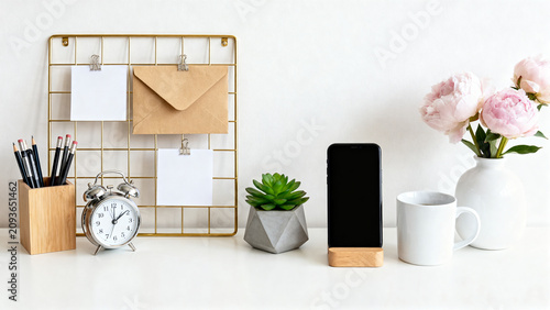 Fotografie Minimalist Home Office Desk Workspace with Copy Space