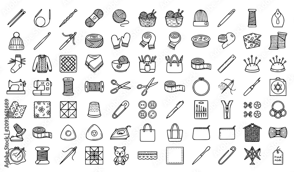 Naklejka premium Handcrafted Knitting and Sewing Icon Bundle with Black Line Art Yarn and Needle Vectors