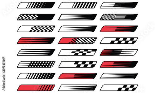 Collection of black and red racing stripes, speed lines, and checkered patterns for vehicle decals isolated on a white background, for cars
