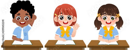 Tablou pe pânză Diverse group of smiling children sitting at desks, raising their hands in a cla