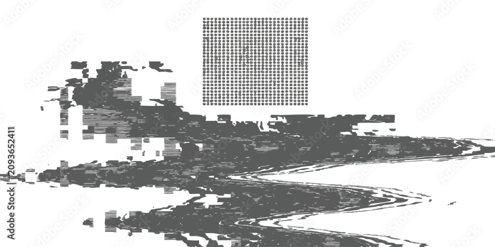 Obraz premium Abstract halftone dot pattern grid design with digital glitch effect and distorted lines in black and white