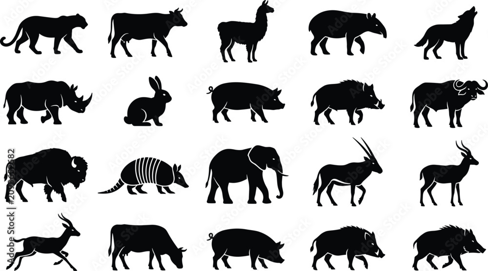 Obraz premium Wild Animal Silhouette Vector Collection with Mammals and Farm Animals Isolated on White Background