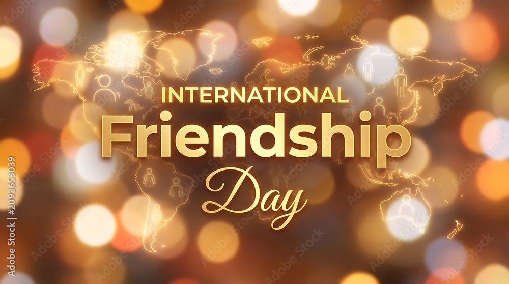 Naklejka premium International Friendship Day greeting card, golden typography on world map background, festive bokeh lights for global celebration event
