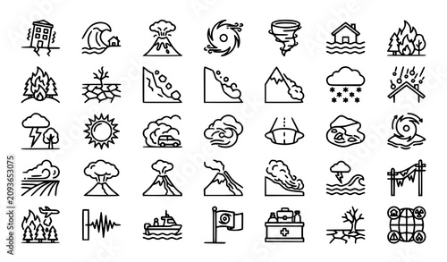 Foto Natural disaster outline icons collection | Earthquake flood hurricane tsunami v