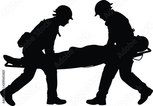 Cuadro en lienzo Emergency Medical Stretcher Rescue, First Response Team Silhouette Vector, Paramedic Patient Transport, Rescue Operation Silhouette Illustration