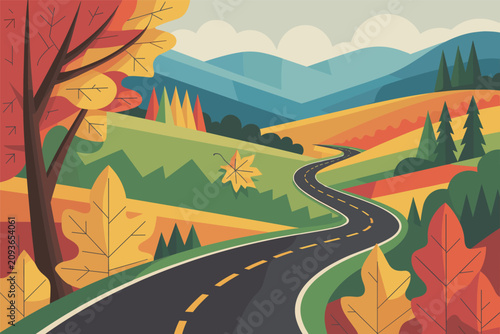 Winding asphalt road highway curving through colorful autumn hills and forests under a cloudy blue sky, travel concept