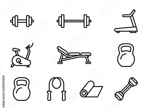 Gym equipment icons set fitness symbols dumbbells kettlebell