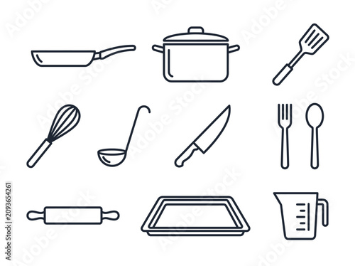 Kitchen utensils and tools line icons set frying pan whisk