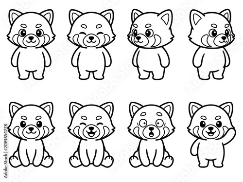 Red panda cartoon characters various emotions line art
