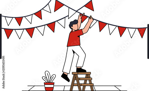 Man hanging red and white bunting flags for party celebration