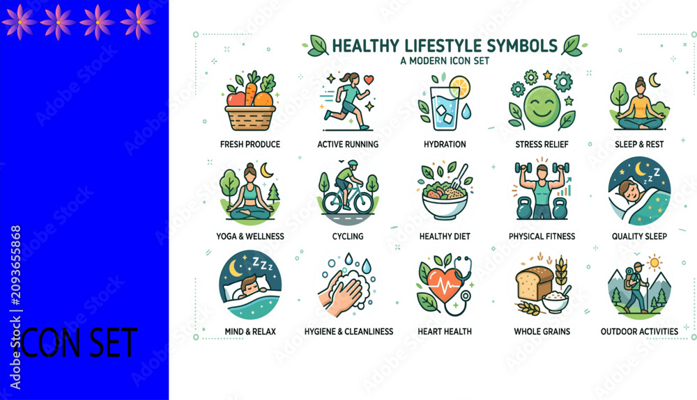 Fototapeta premium 15 modern healthy lifestyle symbols icon set with wellness fitness and mindfulness activities