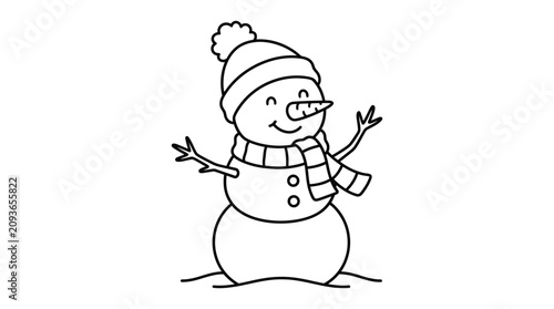 Snowman line drawing with hat and scarf on a white background