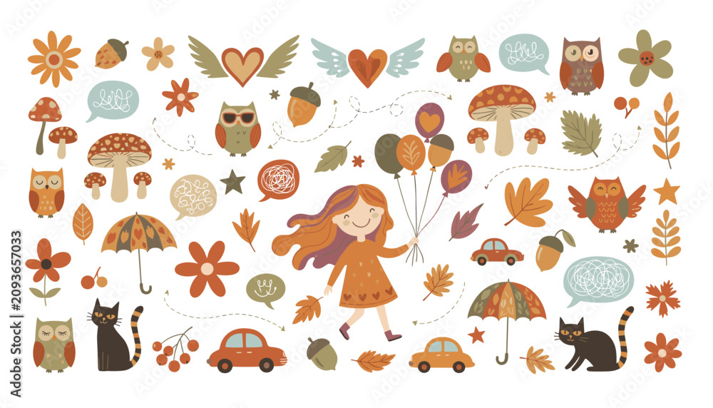 Obraz premium Autumn clip art collection shows a happy girl holding balloons alongside owls mushrooms autumn leaves and umbrellas.
