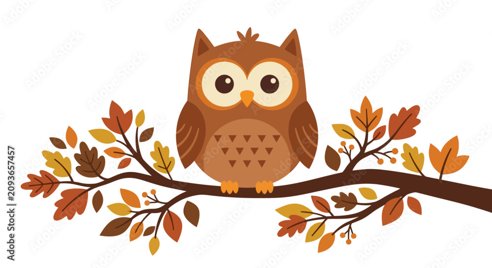 Obraz premium Cute autumn owl sitting on a tree branch with colorful fall leaves vector illustration.