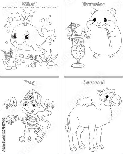 Very Cute Animals Coloring page for kids .4 in one Vector Coloring page package