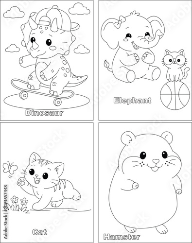 Very Cute Animals Coloring page for kids .4 in one Vector Coloring page package