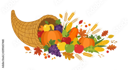 Obraz na plátně Thanksgiving cornucopia with autumn harvest fruits and vegetables vector illustration
