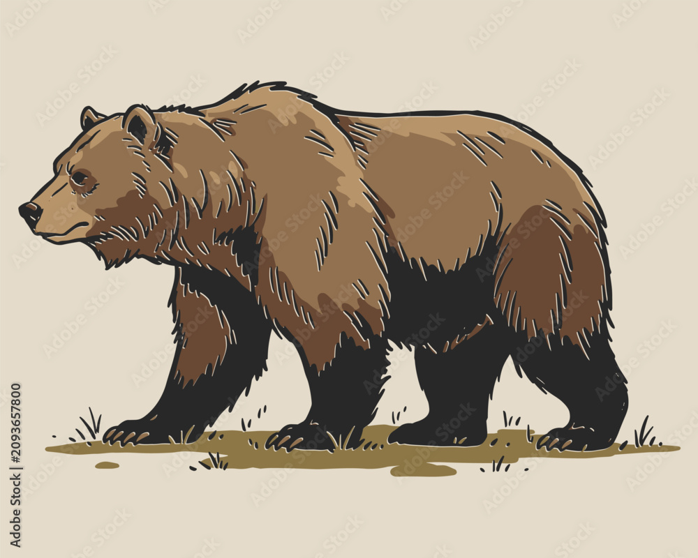 Obraz premium Large brown grizzly bear walking on grassy ground with vintage art style