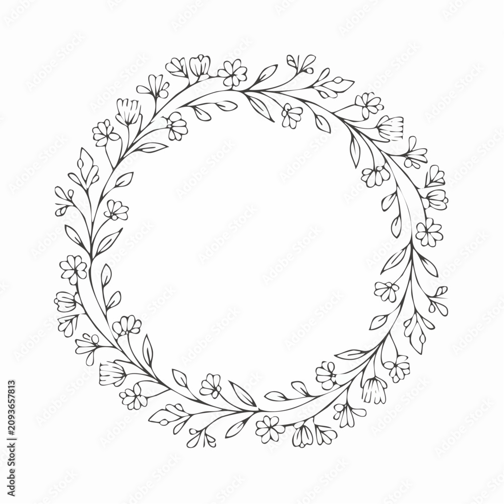 Obraz premium Elegant monochrome line art botanical wreath