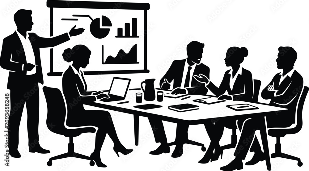 Fototapeta premium Business meeting with colleagues in silhouette style presenting data on whiteboard and discussing graphs and charts in office setting