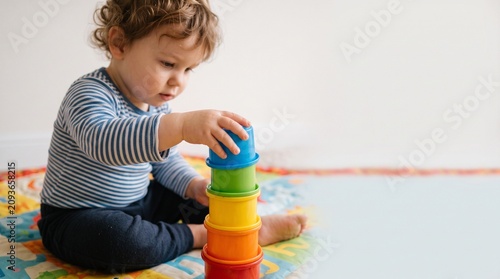 Curious toddler stacking colorful cups on a play mat learning about colors and shapes