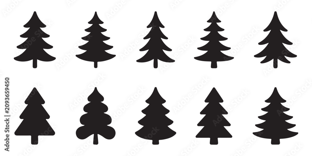 Obraz premium Collection of black pine trees silhouettes isolated on transparent background simple graphic elements.