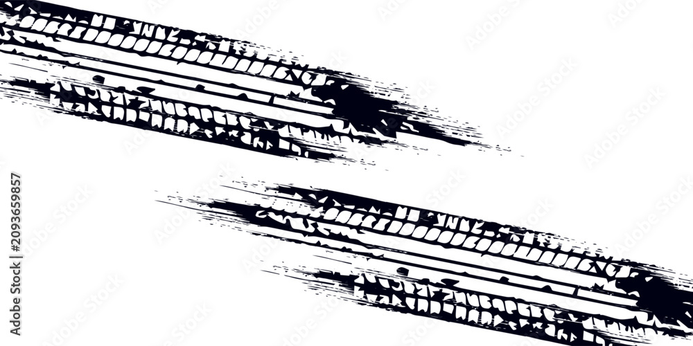Obraz premium Grunge tire track, wheel braking marks. Truck, car or motorcycle tread pattern silhouette. Auto race, motorsport, speed racing design element. Vector illustration