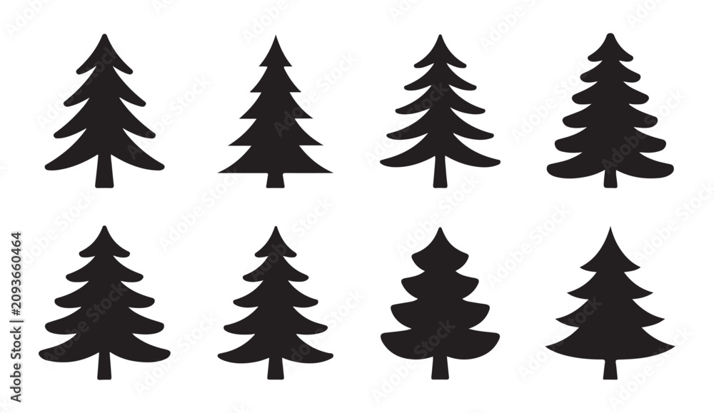 Obraz premium Set of eight pine tree silhouettes in flat black vector design isolated on a transparent background.