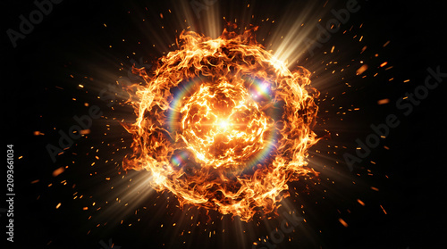 A bright explosion occurs in space with flames and sparks