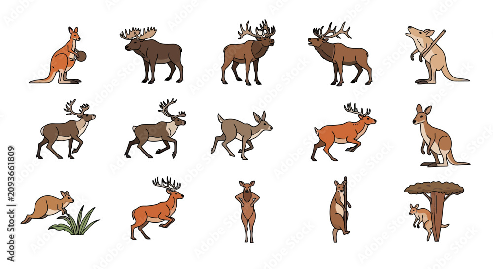 Obraz premium Wildlife icon set featuring deer, elk, and kangaroo characters.