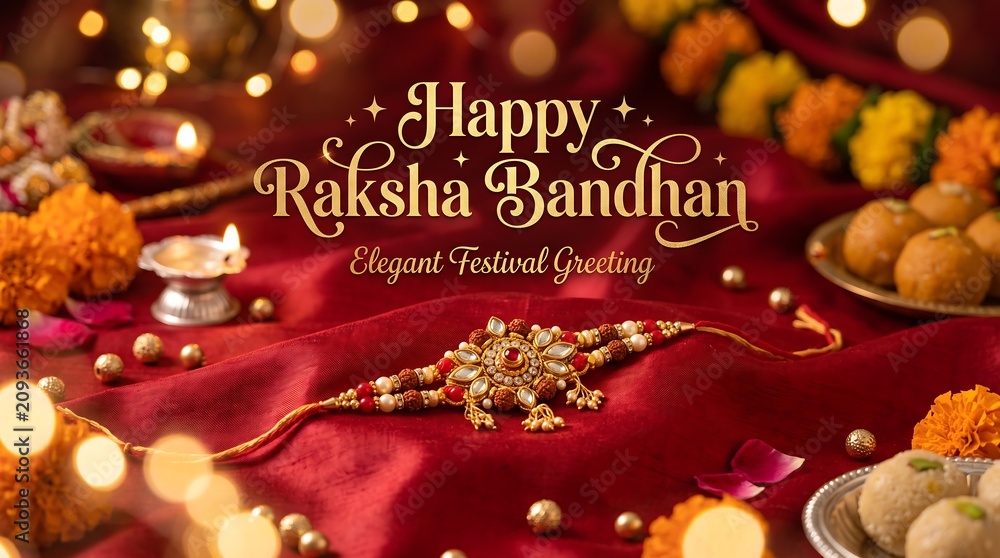 Naklejka premium Raksha bandhan festive greeting with traditional rakhi and indian sweets