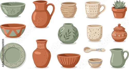 Foto Rustic Handmade Ceramic Pottery Vector Illustration Set with Terracotta Clay Vas