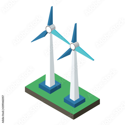 Two isometric wind turbines standing on a green patch of land representing renewable energy production and sustainable power generation technology concepts