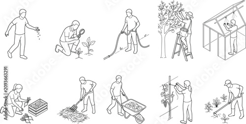 Agriculture and Gardening Line Art Character Set with Farming and Plant Care Activities