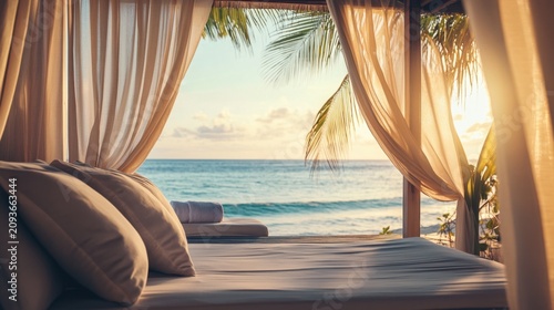 Luxury cozy beach cabana with white curtains and comfortable lounge bed overlooking the tropical ocean