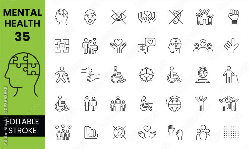 Fototapeta premium Mental Health Editable Icon Set featuring therapy, psychology, meditation, stress management, counseling, emotional wellness, and mindfulness outline icons.