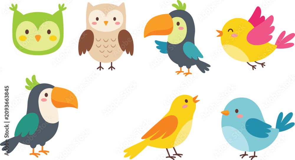 Obraz premium Cute cartoon forest and tropical bird character sticker vector set with owl toucan canary and flying birds illustration.