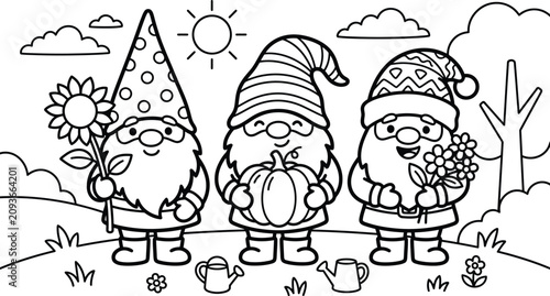 Gnome fall coloring page sunflower pumpkin and grapes for kids and adults